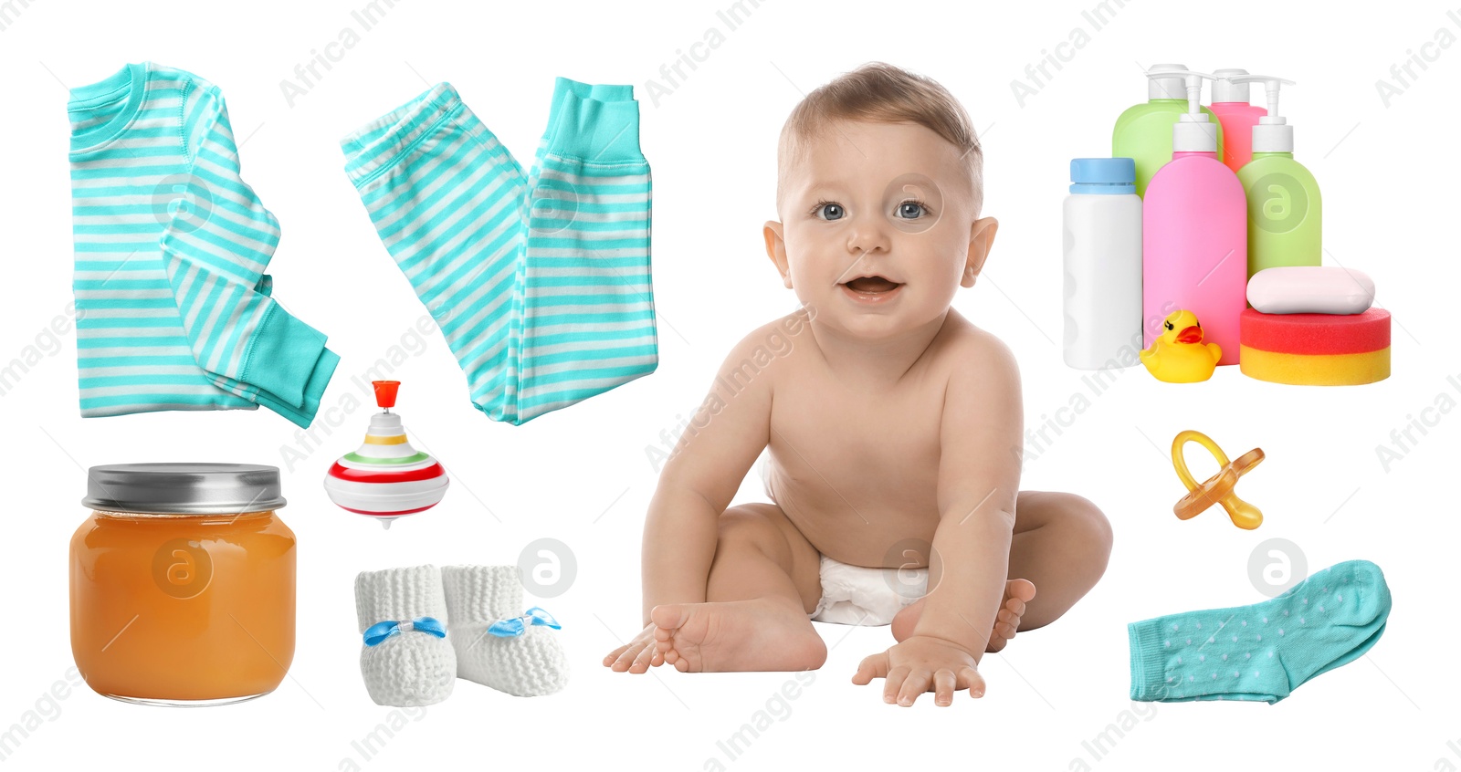Image of Cute little baby, accessories, clothes, food and toys on white background, collage