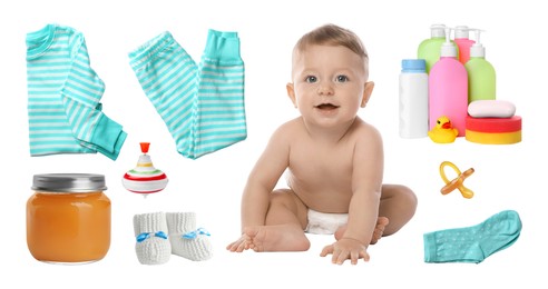 Image of Cute little baby, accessories, clothes, food and toys on white background, collage