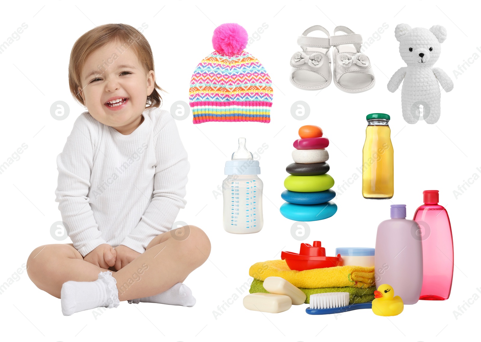Image of Cute little baby, accessories, clothes and toys on white background, collage