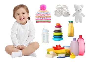 Image of Cute little baby, accessories, clothes and toys on white background, collage