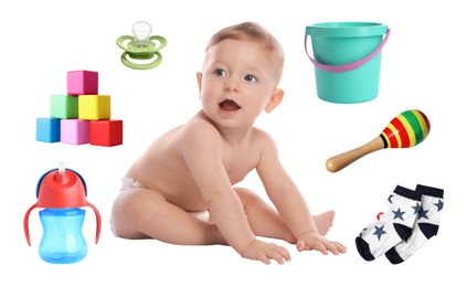 Image of Cute little baby, accessories, clothes and toys on white background, collage