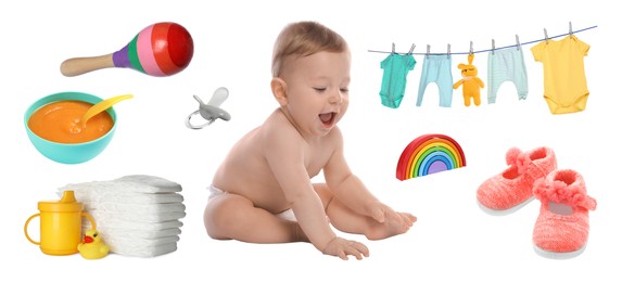 Image of Cute little baby, accessories, clothes, food and toys on white background, collage