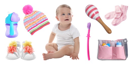 Image of Cute little baby, accessories, clothes and toy on white background, collage