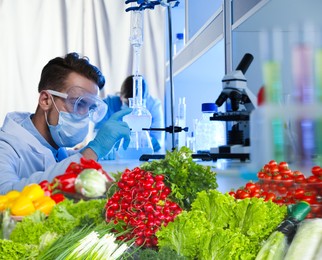 Image of Food analysis. Laboratory worker examining samples of fresh products