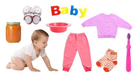Image of Cute little baby, accessories, clothes and food on white background, collage