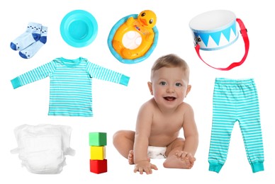 Image of Cute little baby, accessories, clothes and toys on white background, collage