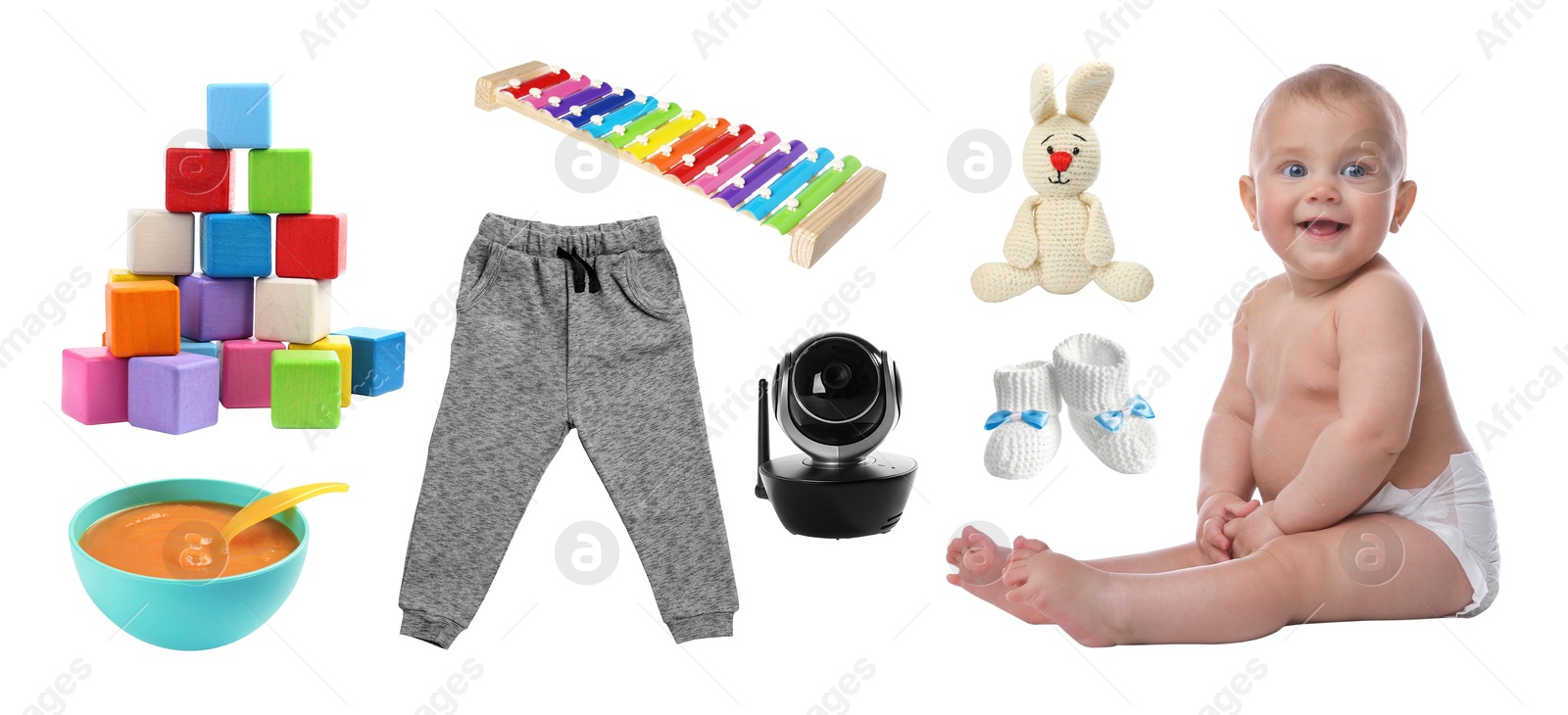 Image of Cute little baby, accessories, clothes, food and toys on white background, collage