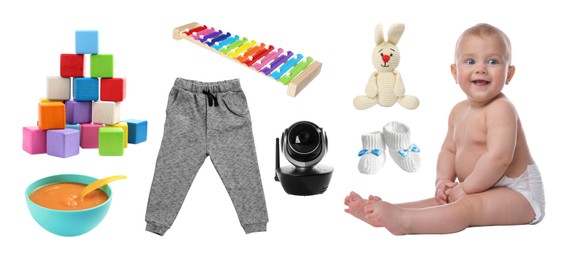 Image of Cute little baby, accessories, clothes, food and toys on white background, collage