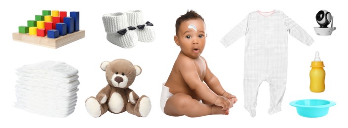 Image of Cute little baby, accessories, clothes and toys on white background, collage