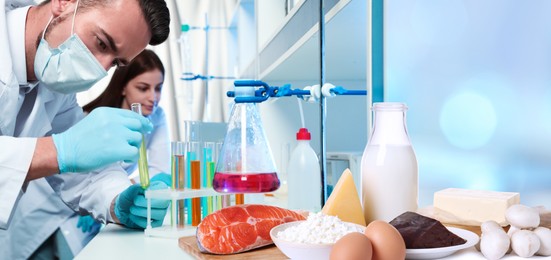 Image of Food analysis. Laboratory workers examining samples of fresh products