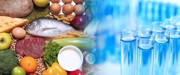 Image of Food laboratory analysis. Test tubes, double exposure with fresh products