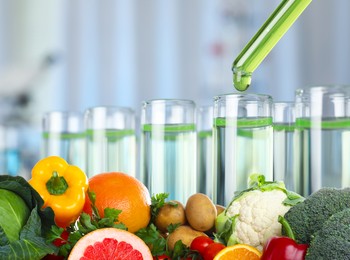 Image of Food laboratory analysis. Test tubes and fresh products