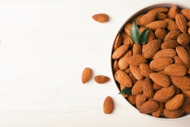 Photo of Tasty organic almond nuts in bowl and space for text on table, top view