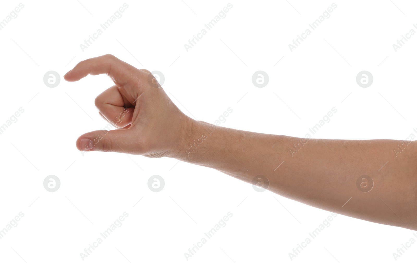 Photo of Man holding something against white background, closeup of hand