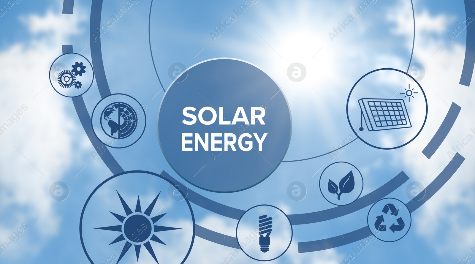 Image of Solar energy concept. Scheme with icons and sky on background