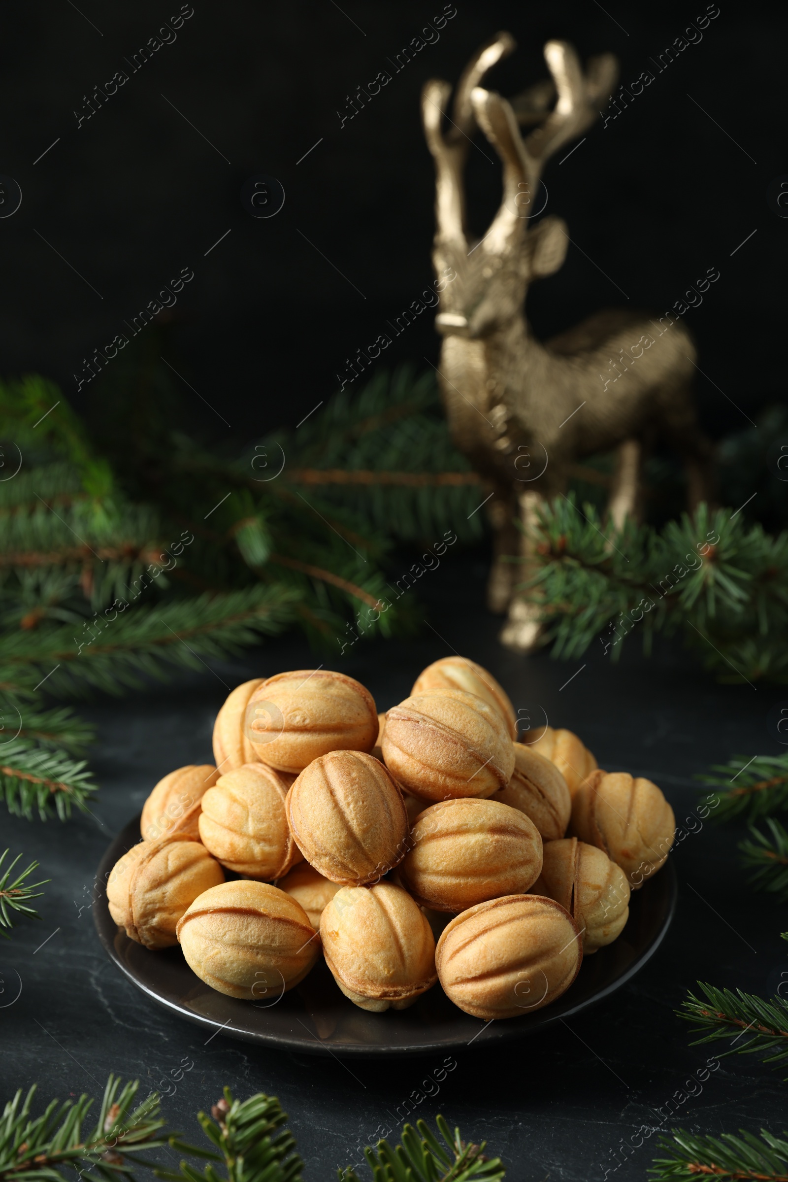 Photo of Plate of tasty nut shaped cookies among fir branches on black table