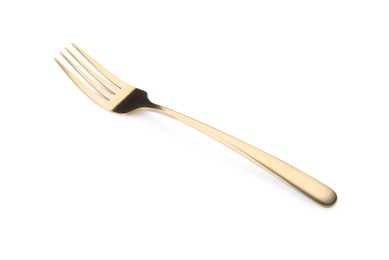 One shiny golden fork isolated on white