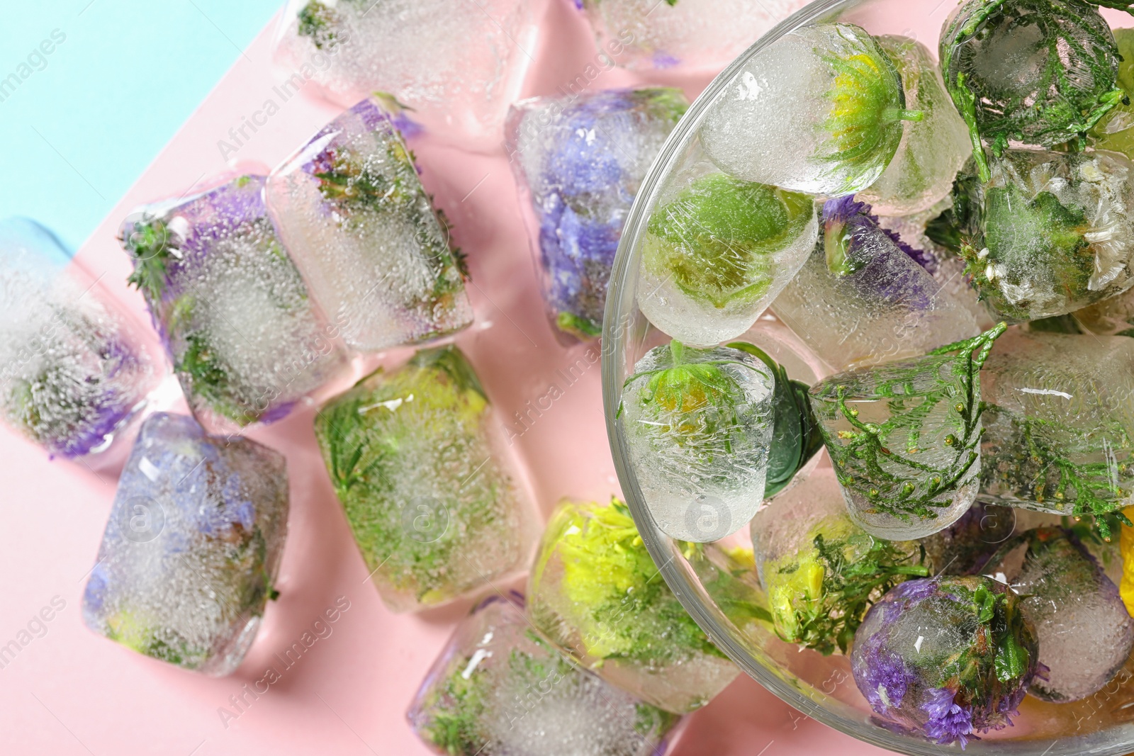 Photo of Ice cubes with flowers and glass bowl on color background, flat lay
