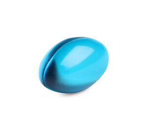 Photo of One light blue pill on white background. Medicinal treatment