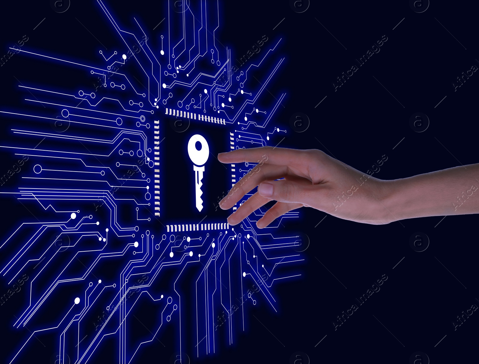 Concept of keywords research and modern technology. Woman pointing at key icon on black background, closeup Image of Concept of keywords research and modern technology. Woman pointing at key icon on black background, closeup