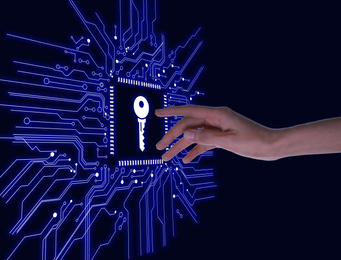 Image of Concept of keywords research and modern technology. Woman pointing at key icon on black background, closeup