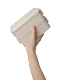 Woman holding eco friendly lunch boxes on white background, closeup. Conscious consumption