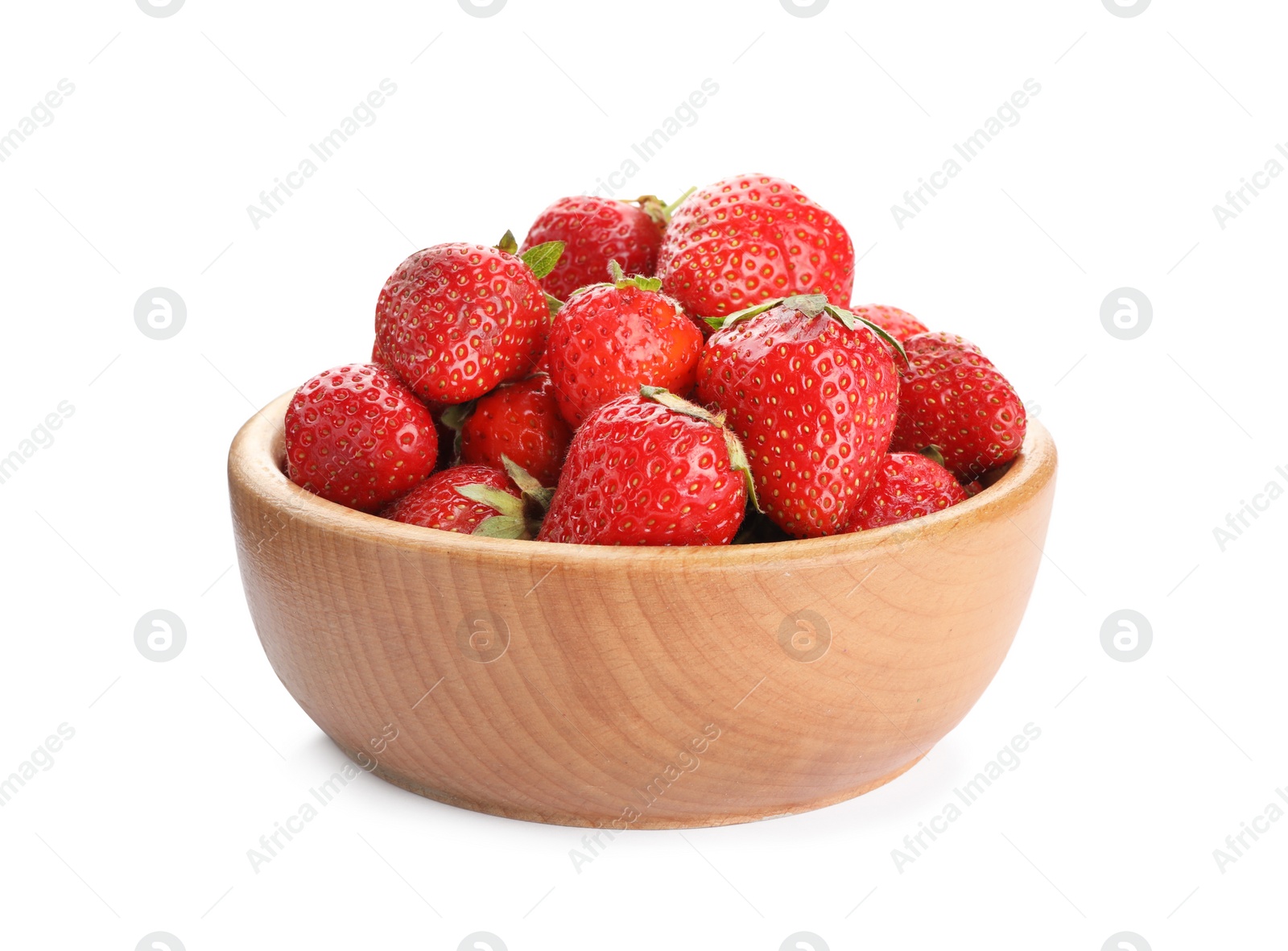 Photo of Ripe strawberries in bowl isolated on white