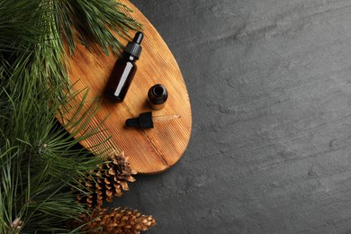 Pine essential oil, cones and branches on black table, flat lay. Space for text