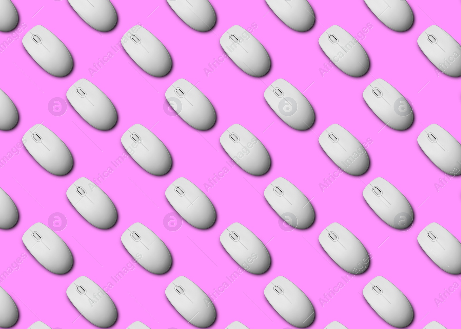 Image of Many white computer mouses on pink background, flat lay. Seamless pattern design