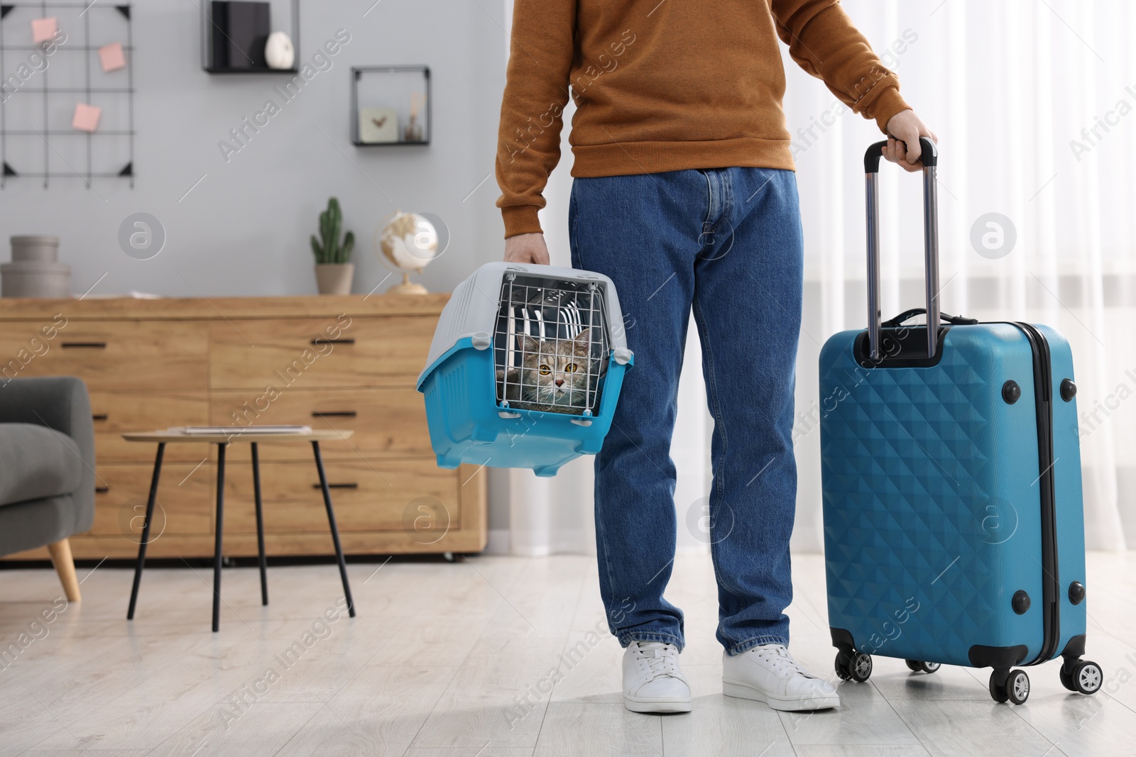 Photo of Travel with pet. Man holding carrier with cute cat and suitcase at home, closeup. Space for text