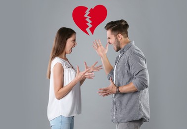 Image of Young couple having argument and illustration of broken heart on grey background. Relationship problems
