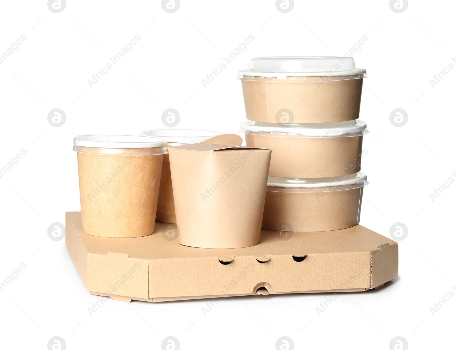 Photo of Different containers on white background, mockup for design. Food delivery