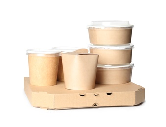 Photo of Different containers on white background, mockup for design. Food delivery