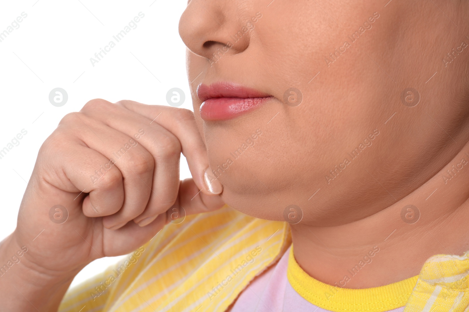 Photo of Woman with double chin on white background, closeup