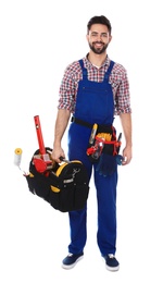 Full length portrait of construction worker with tools on white background