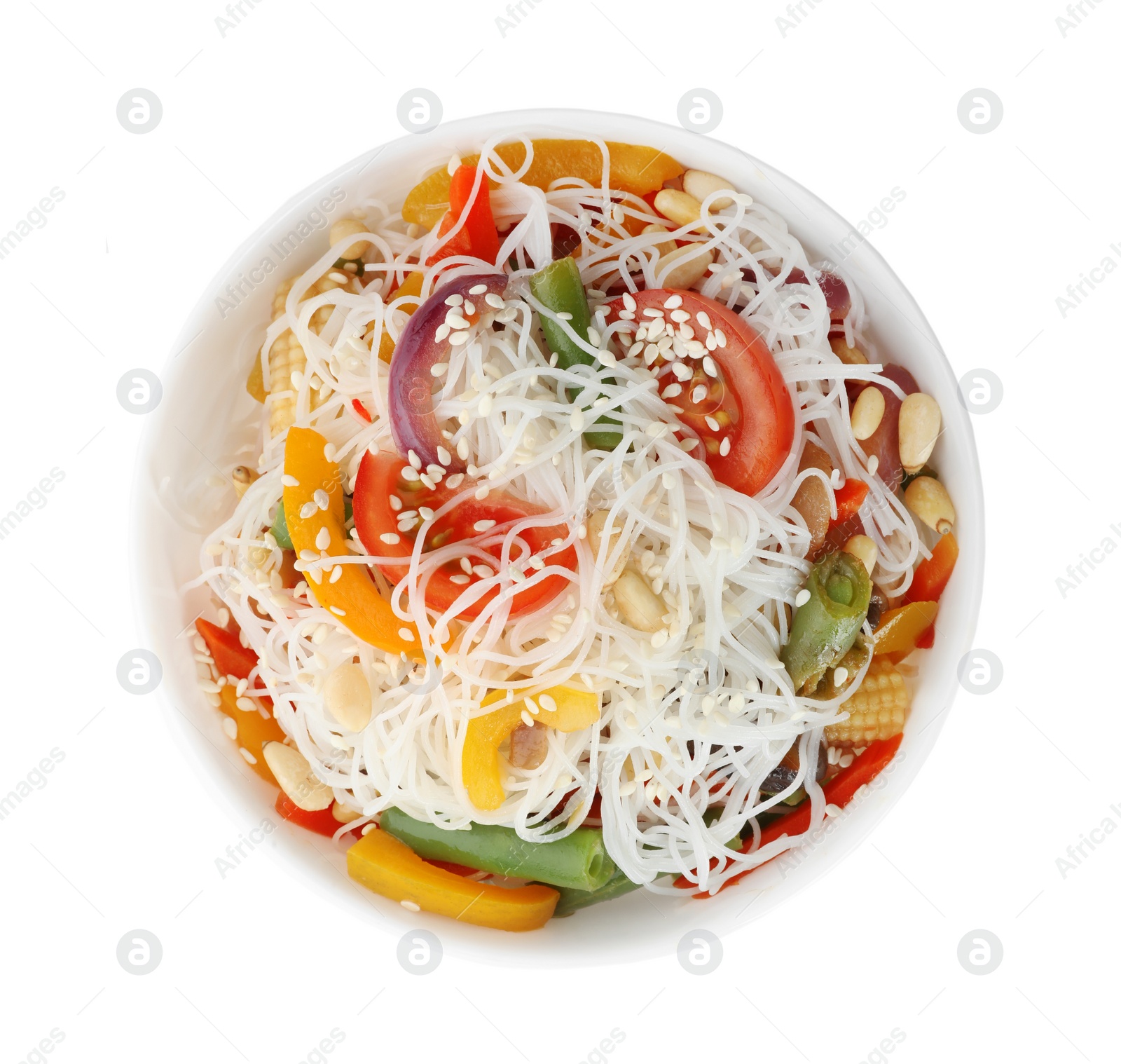 Photo of Tasty cooked rice noodles with vegetables isolated on white, top view