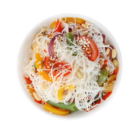 Photo of Tasty cooked rice noodles with vegetables isolated on white, top view