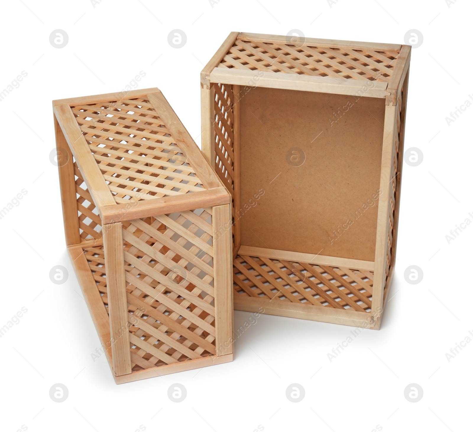 Photo of Empty open wooden crates isolated on white