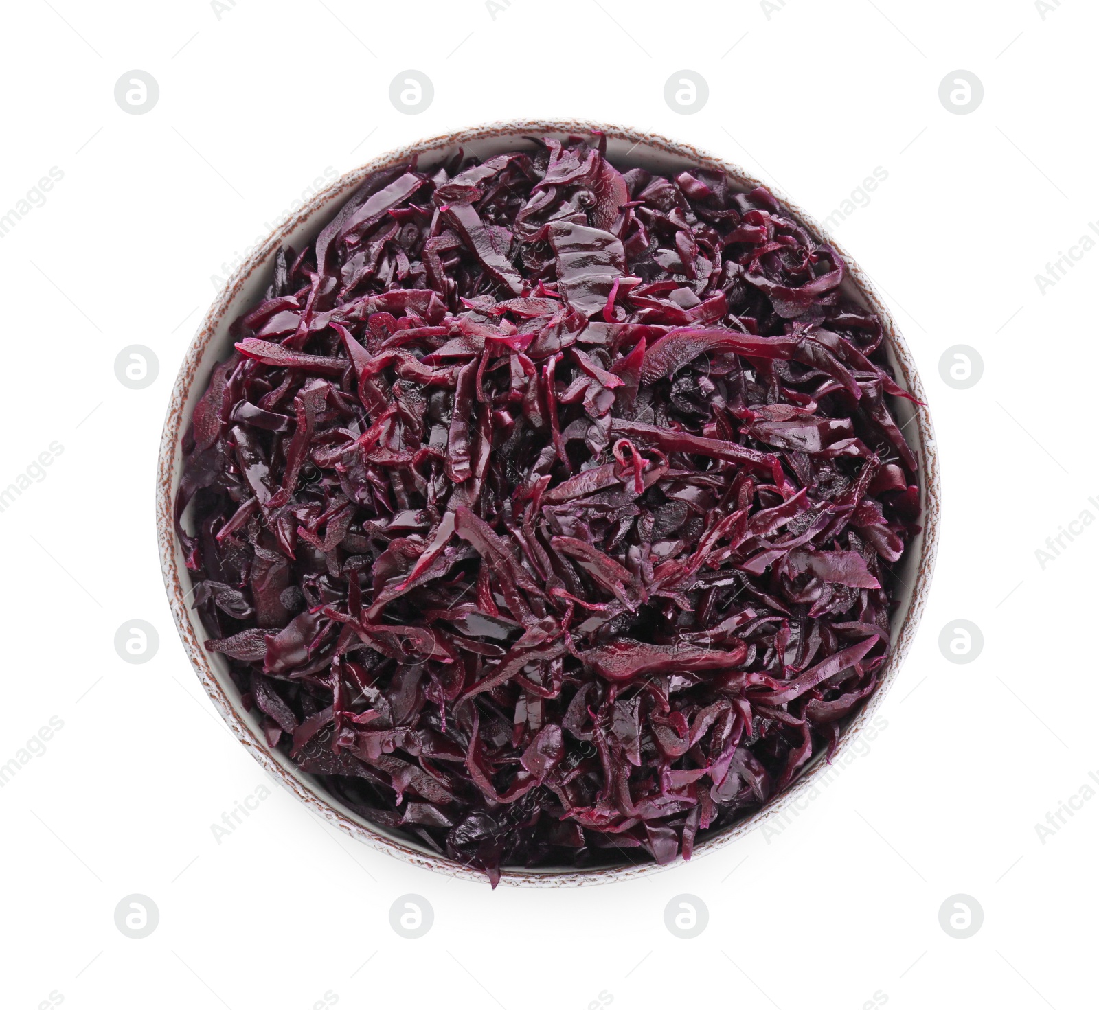 Photo of Bowl with tasty red cabbage sauerkraut isolated on white, top view