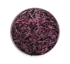 Photo of Bowl with tasty red cabbage sauerkraut isolated on white, top view