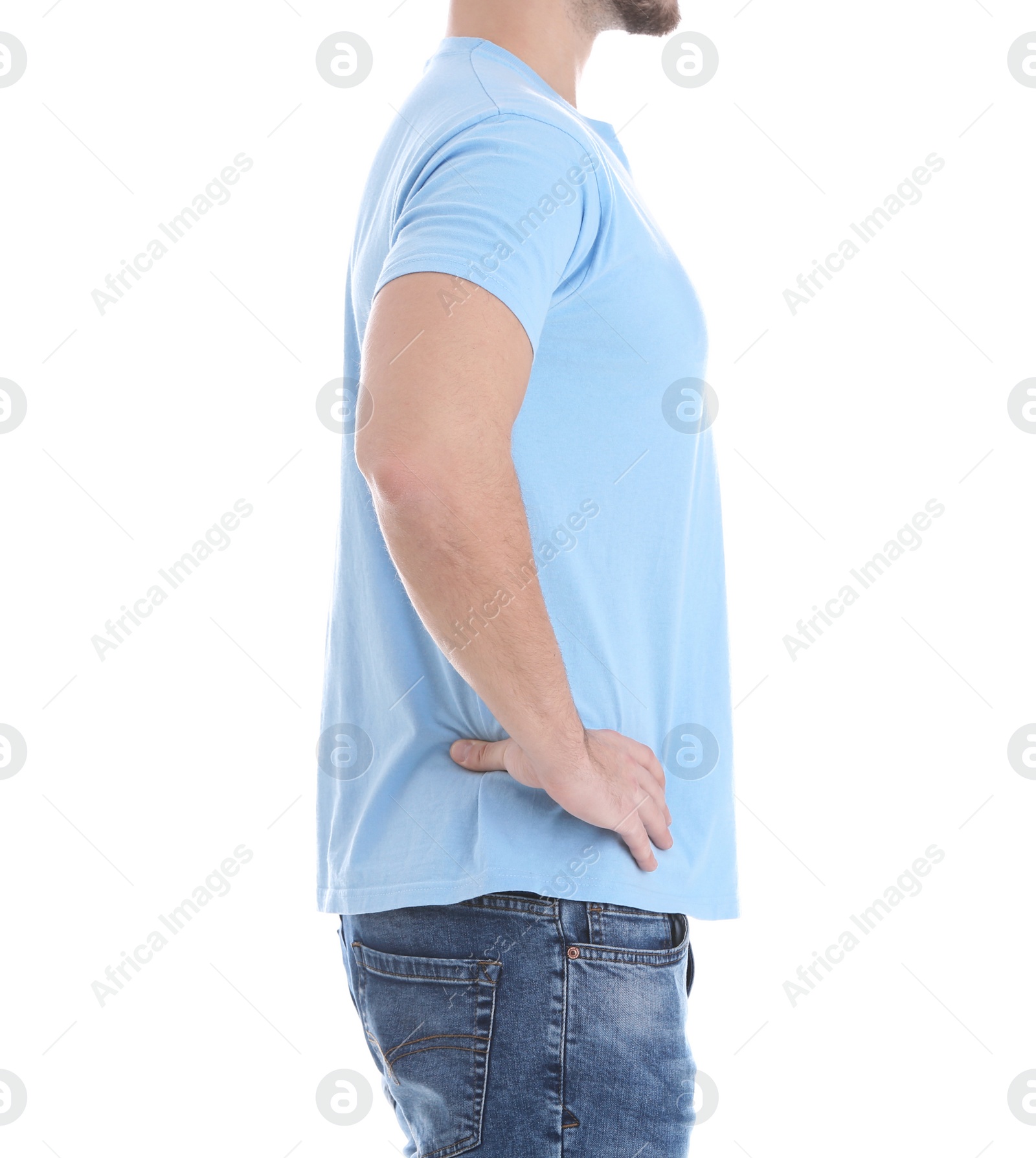 Photo of Young man on white background, closeup. Weight loss