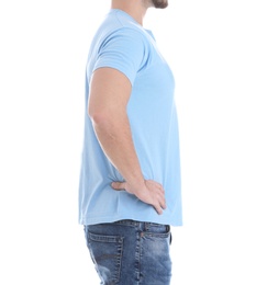 Young man on white background, closeup. Weight loss