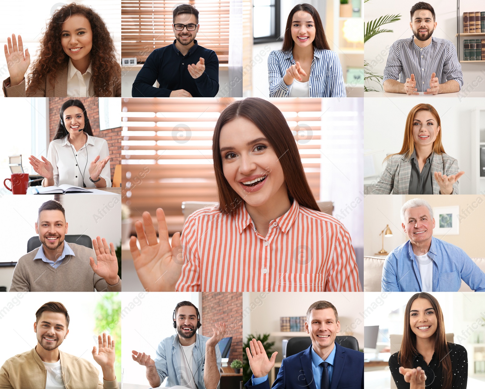 Image of Group video call, online conference. Different people, view from camera