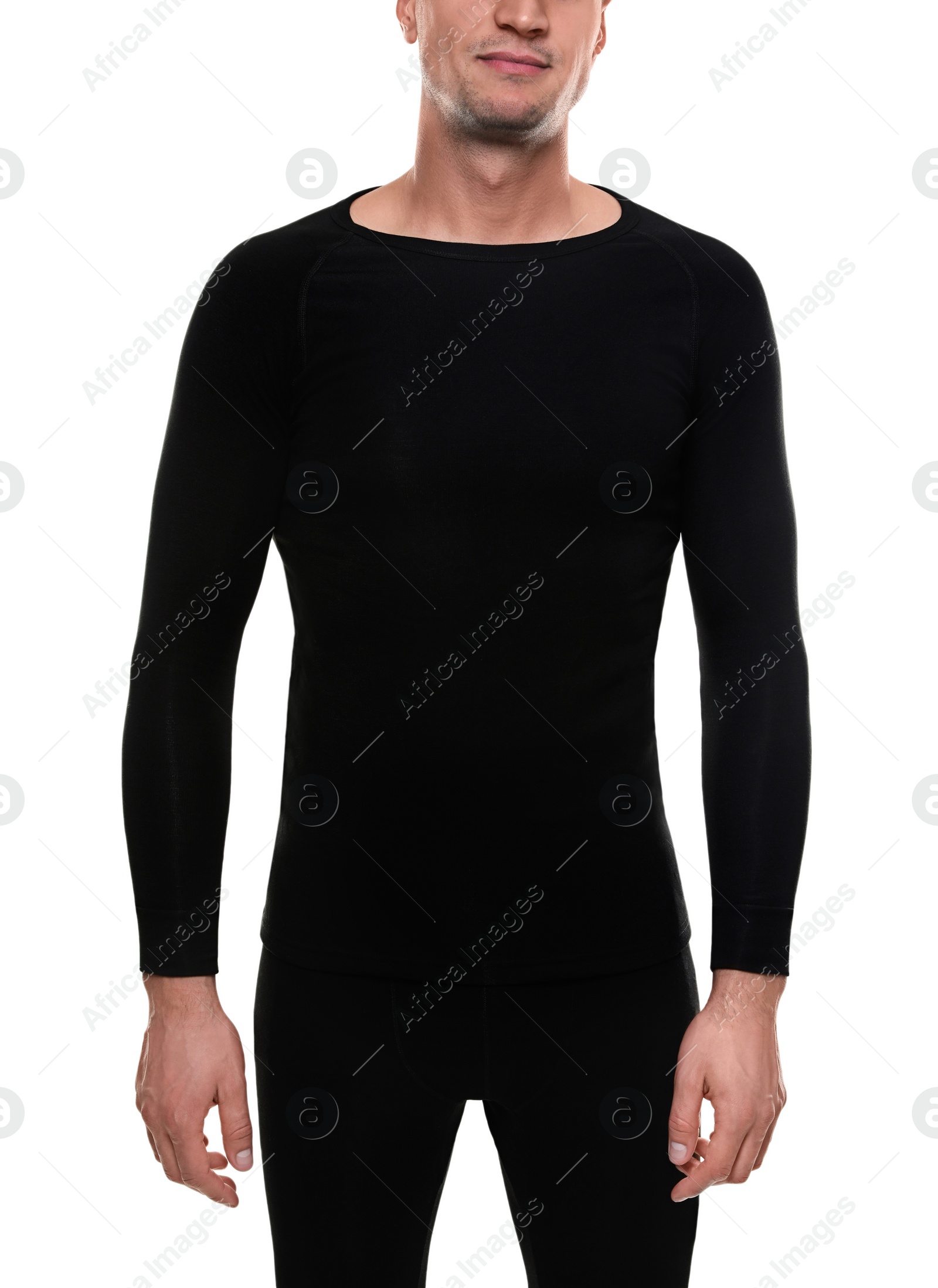 Photo of Man wearing thermal underwear isolated on white, closeup