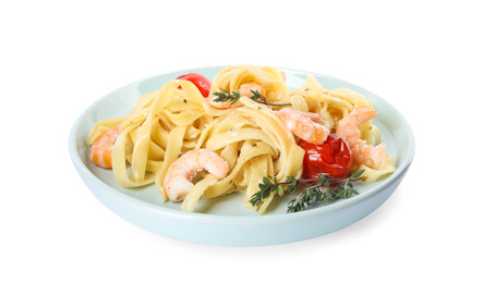 Delicious pasta with shrimps isolated on white