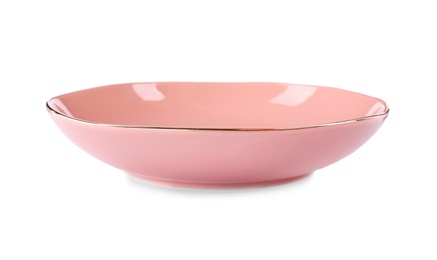 Photo of Pink plate isolated on white. Kitchen tableware