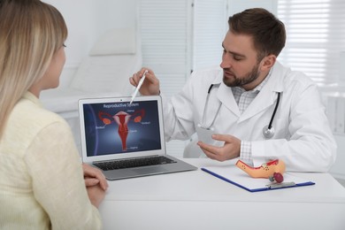 Photo of Gynecologist showing picture of female reproductive system to young woman in clinic