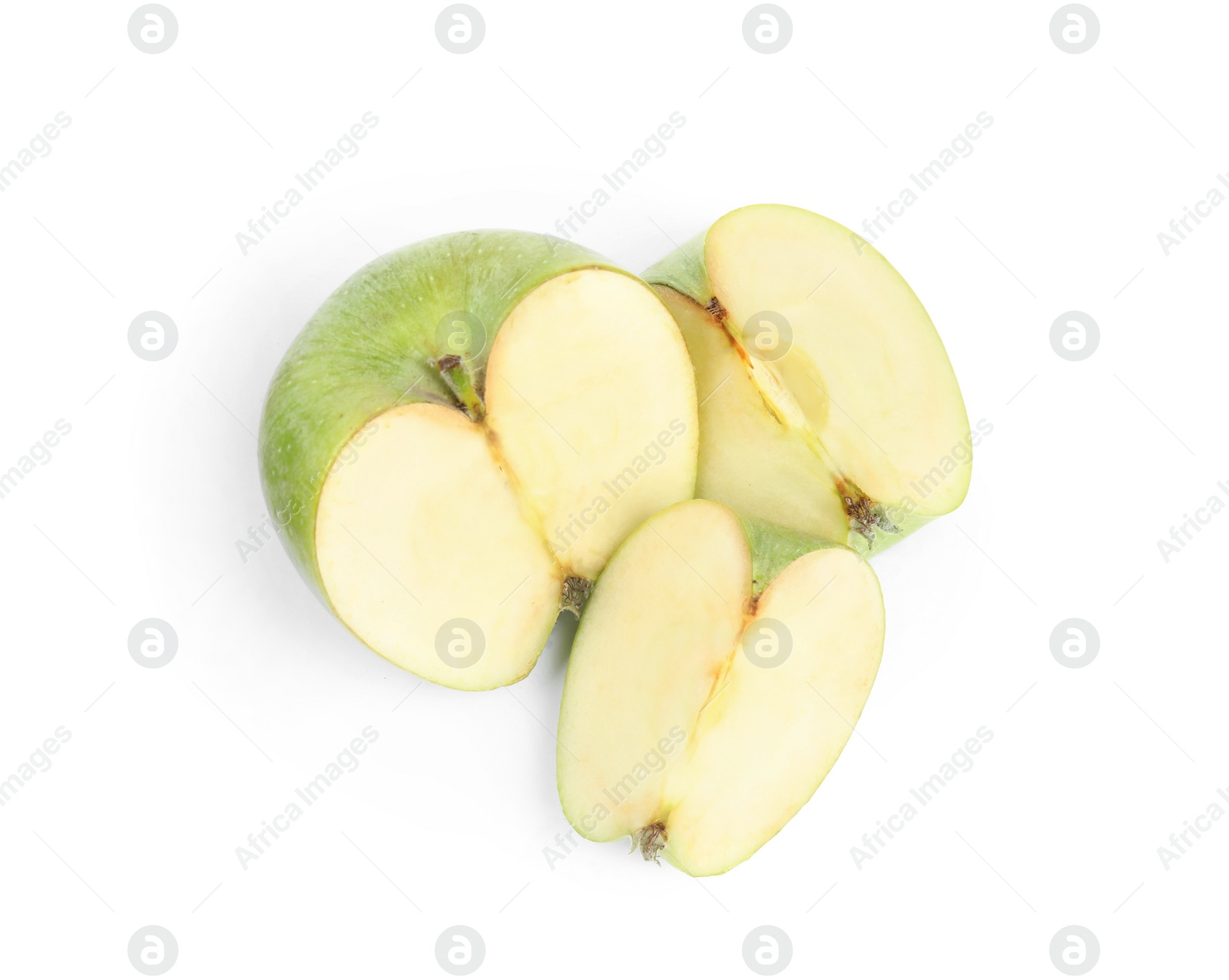 Photo of Pieces of fresh green apple on white background, top view