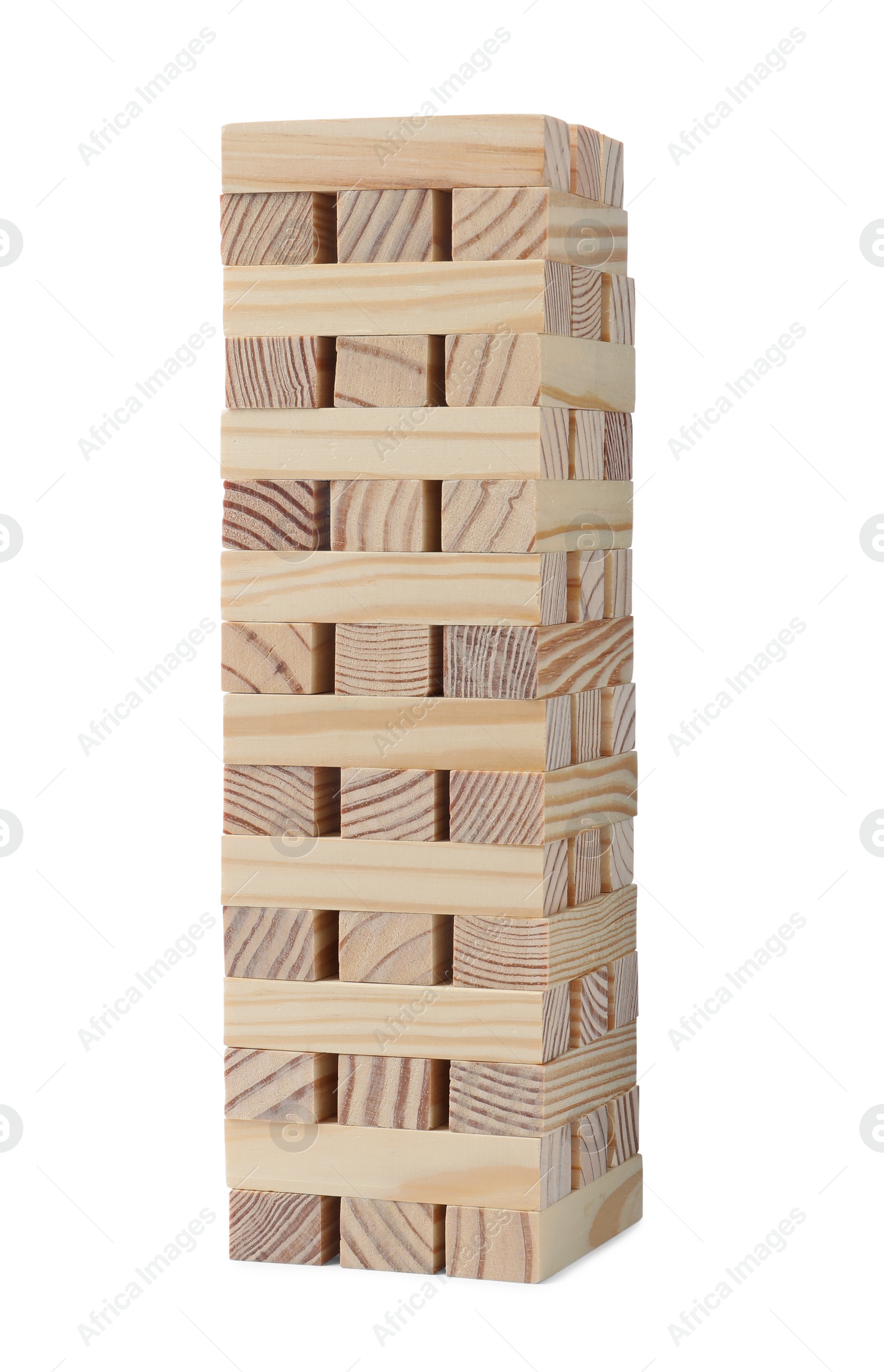 Photo of Jenga tower made of wooden blocks on white background