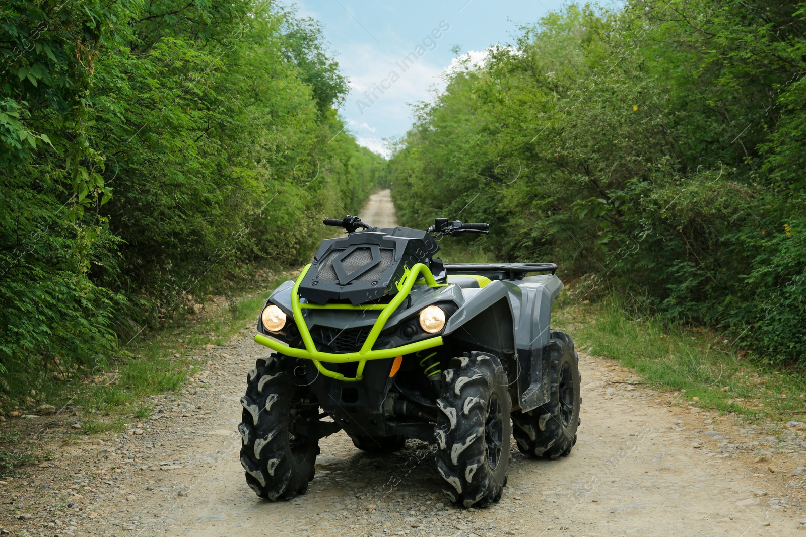 Photo of Modern quad bike on pathway near trees outdoors